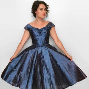 50s Vintage Party DRESS with Ruffled Bodice in Metallic Slate/Midnight